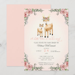 Invitation Baby Girl Douche Petit Cerf Antler Rose Floral