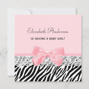 Invitation Baby Girl Douche rose ruban et dentelle Zebra Impr