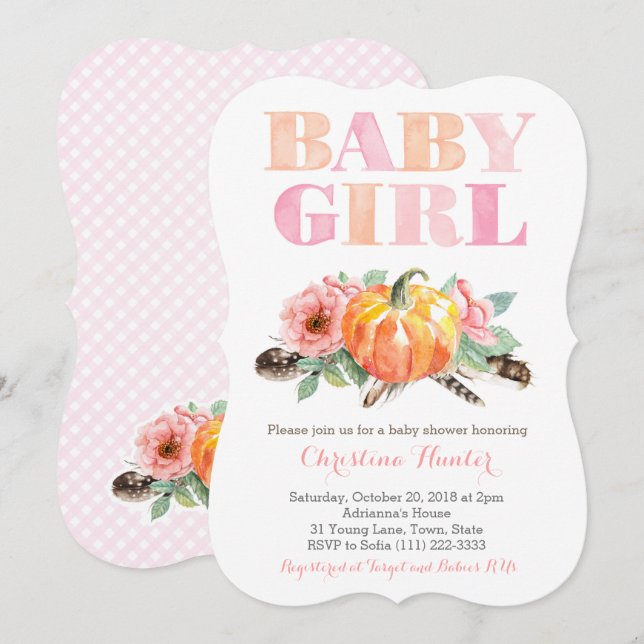 Invitation Baby Girl Douche Rose Vintage Citrouille (Devant / Derrière)