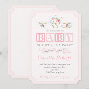 Invitation Baby Girl Douche Thé Vintage, rose et gris