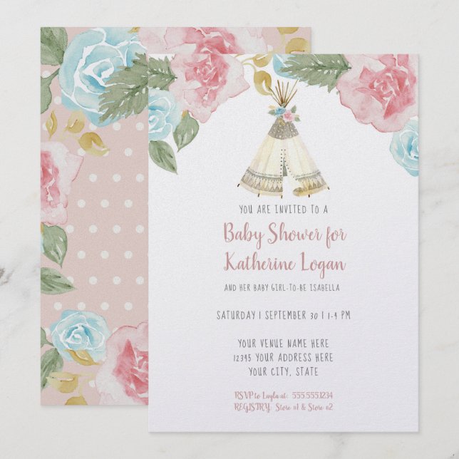Invitation Baby Girl Douche Woodland Animal Floral Aquarelle (Devant / Derrière)