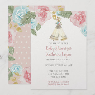 Invitation Baby Girl Douche Woodland Animal Floral Aquarelle