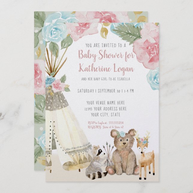 Invitation Baby Girl Douche Woodland Animal Floral Teepee (Devant / Derrière)