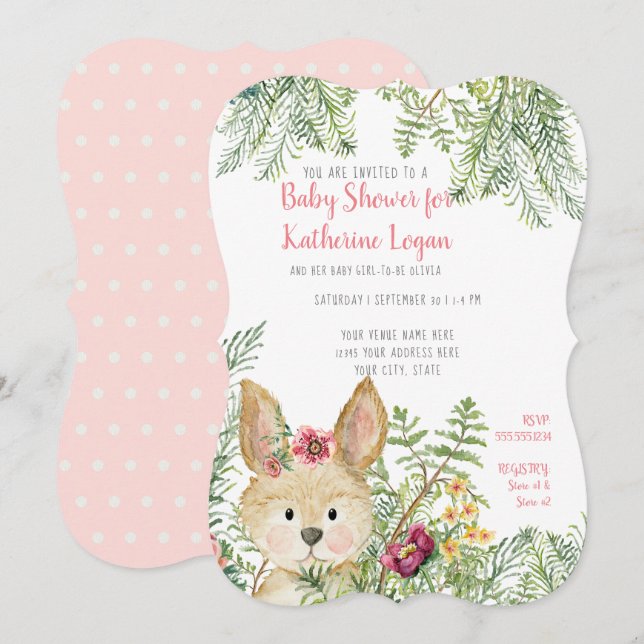 Invitation Baby Girl Douche Woodland Animal Rabbit Floral Art (Devant / Derrière)