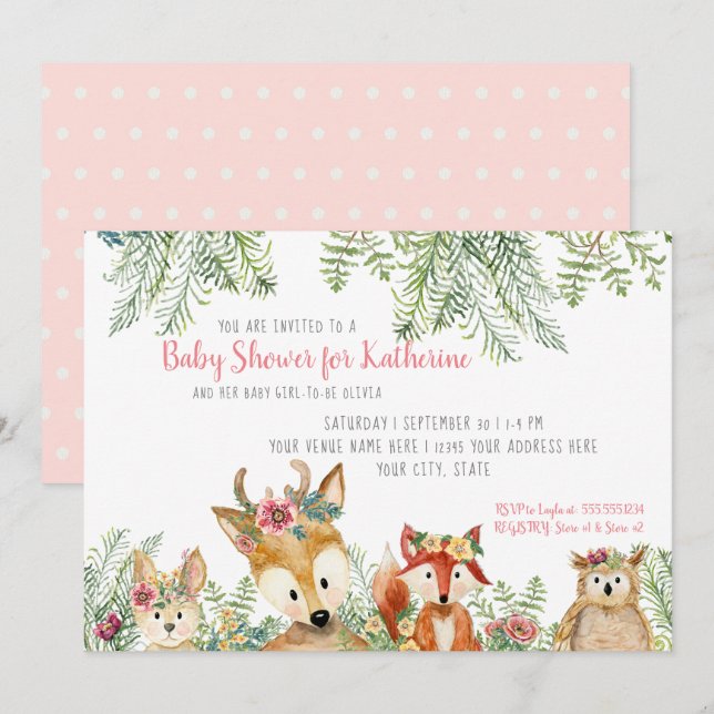 Invitation Baby Girl Douche Woodland Animaux Boho Deer n Fox (Devant / Derrière)