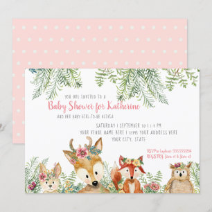 Invitation Baby Girl Douche Woodland Animaux Boho Deer n Fox