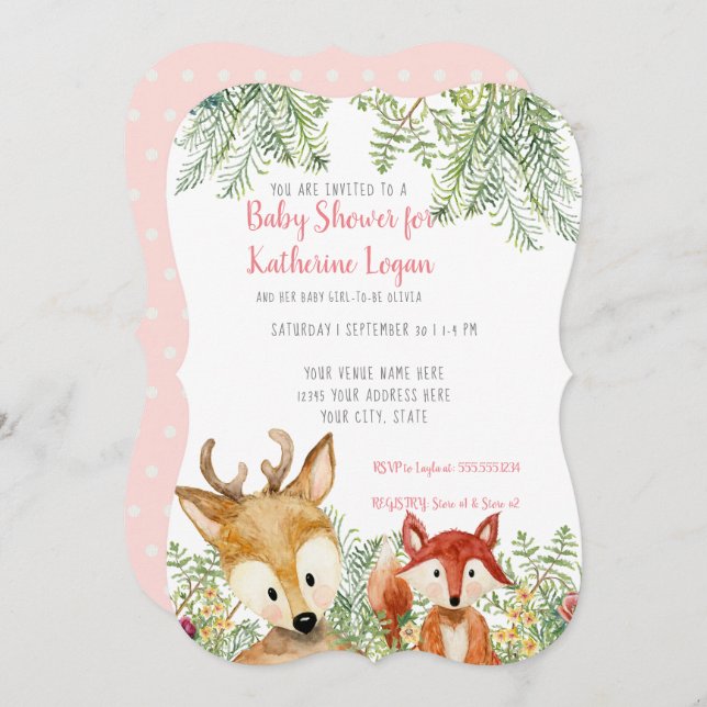 Invitation Baby Girl Douche Woodland Animaux Boho Deer n Fox (Devant / Derrière)