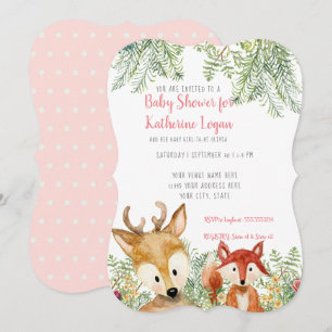 Invitation Baby Girl Douche Woodland Animaux Boho Deer n Fox