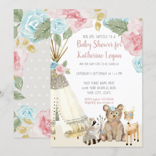 Invitation Baby Girl Douche Woodland Grey Cerf Floral Teepee
