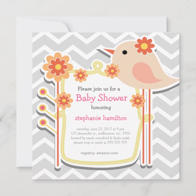 Invitation Baby girl douchée de chevrons gris (Devant)