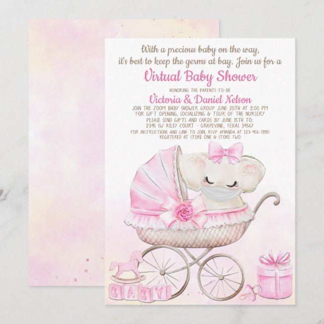 Invitation Baby Girl Elephant avec Masque Zoom Baby shower (Devant / Derrière)
