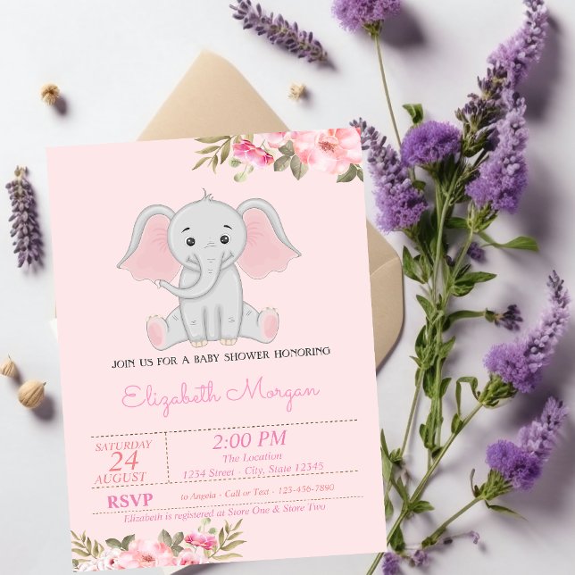 Invitation Baby Girl Elephant, Baby shower Floral (Créateur téléchargé)