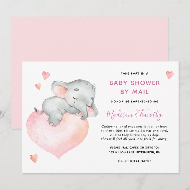 Invitation Baby Girl Elephant Baby shower Par Mail (Devant / Derrière)