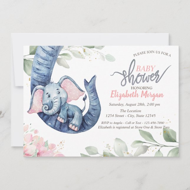 Invitation Baby Girl Elephant Feuille Baby shower Floral (Devant)
