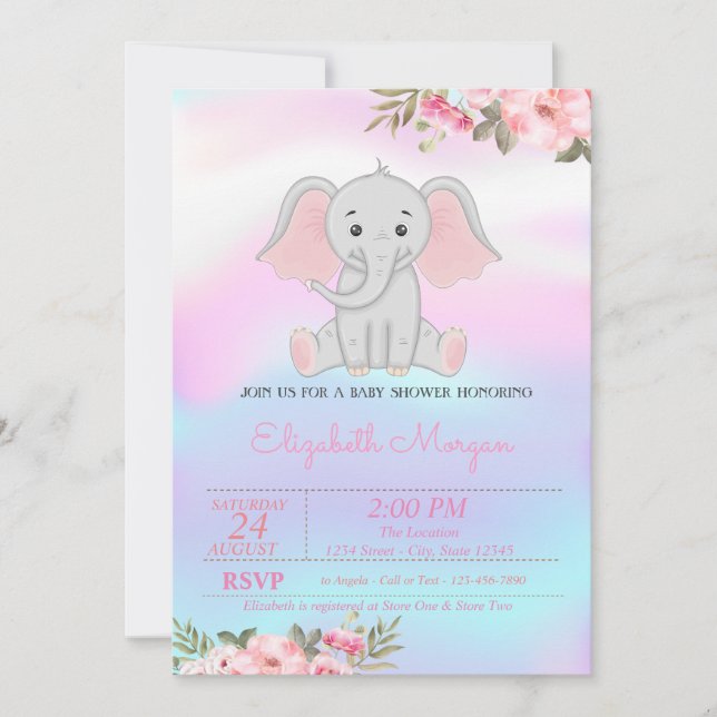 Invitation Baby Girl Elephant, Floral Holographic Baby shower (Devant)