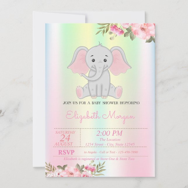 Invitation Baby Girl Elephant, Iridescente Baby shower Floral (Devant)