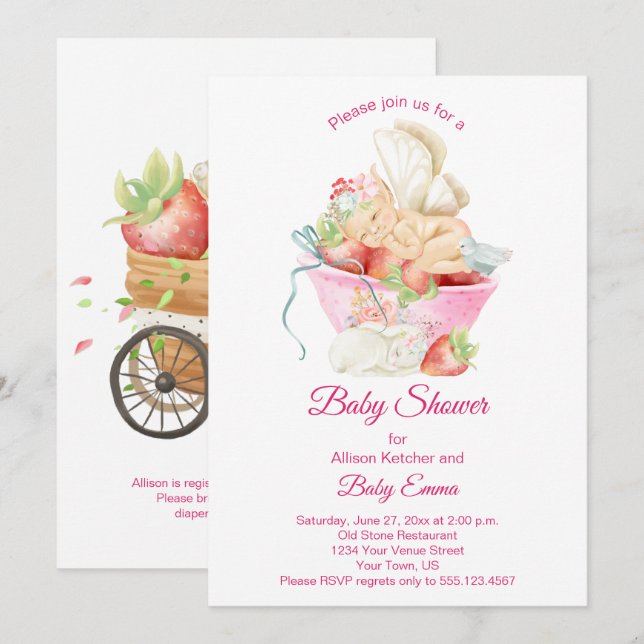 Invitation Baby Girl Fairy in Pink Teacup Baby shower | (Devant / Derrière)
