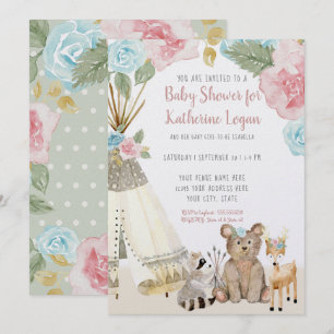 Invitation Baby Girl Fête de Naissance Tissu Tipi Animaux de