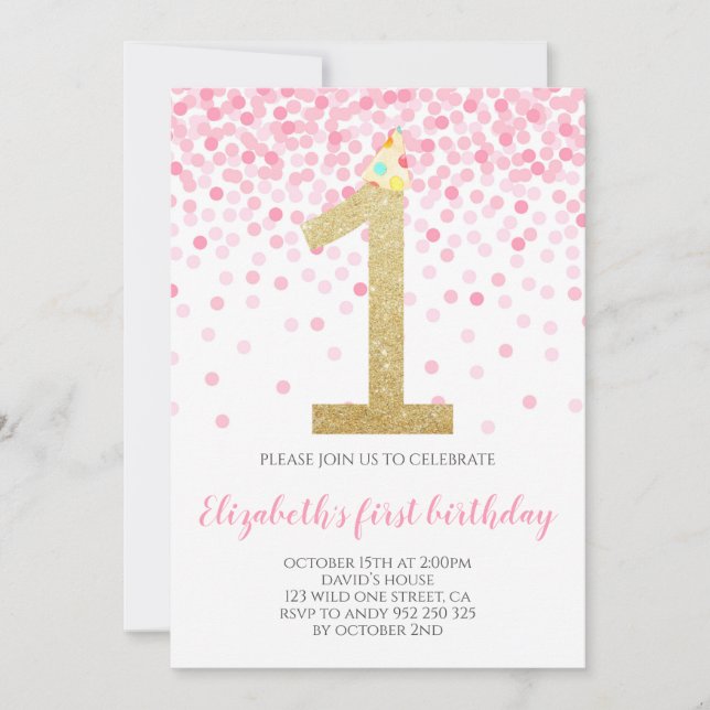 Invitation Baby Girl First Birthday Pink Confetti Girl Party (Devant)