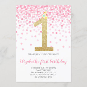 Invitation Baby Girl First Birthday Pink Confetti Girl Party