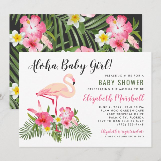 Invitation Baby Girl Flamant Hawaïen Tropical Cadeau de Naiss (Devant / Derrière)