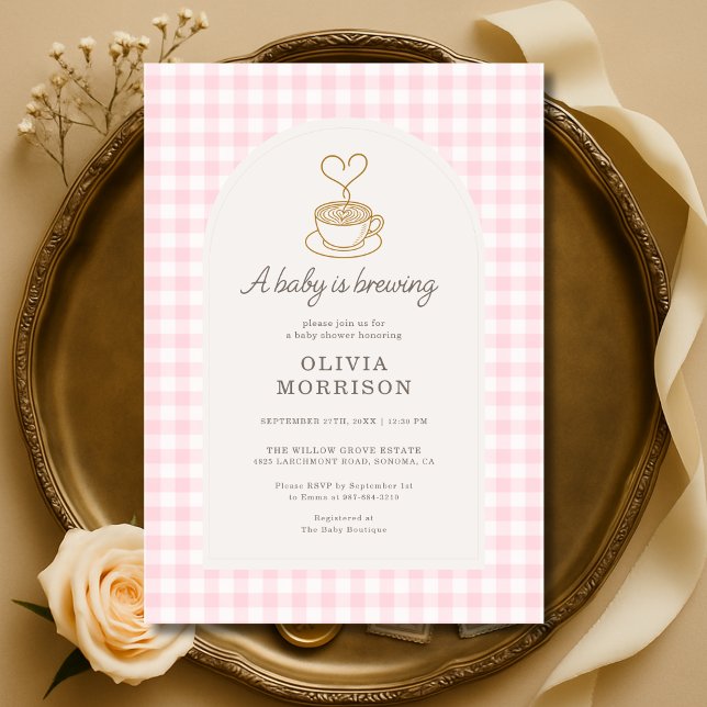 Invitation Baby Girl is Brewing Coffee Gingham Baby Shower (Créateur téléchargé)
