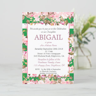 Invitation Baby Girl Jewish Nommer Floral Vert Rose Hébreu