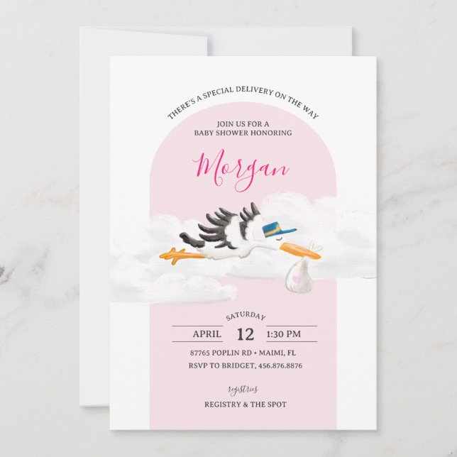 Invitation Baby Girl Livraison spéciale Baby shower de cigogn (Devant)