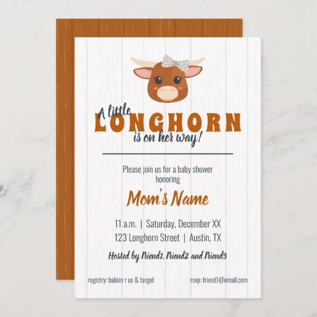 Invitation Baby Girl Longhorn brûlé Baby shower orange (Devant / Derrière)