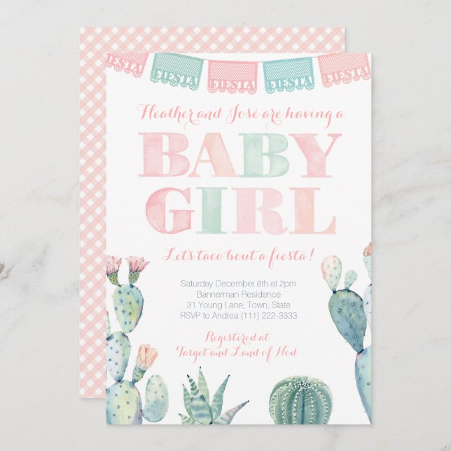 Invitation Baby Girl Mexicaine Taco Bout a Fiesta Baby shower (Devant / Derrière)