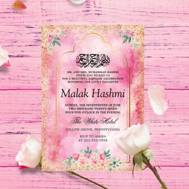 Invitation Baby Girl Moderne Floral Islamique Aqeeqa Aqiqa (Créateur téléchargé)