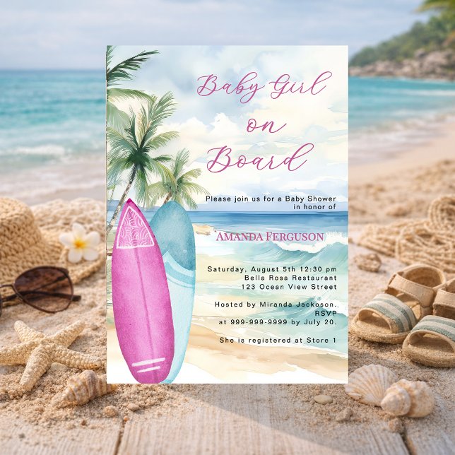 Invitation Baby Girl on Board surfboard beach Baby Shower (Créateur téléchargé)