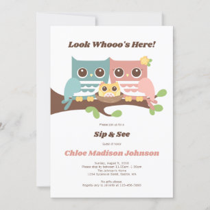 Invitation Baby Girl Owl Sip et voir l'invitation de la douch