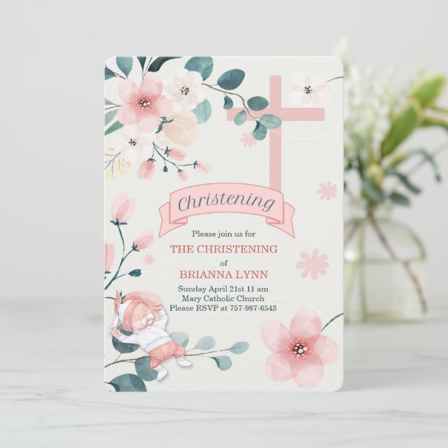 Invitation Baby Girl Peach Blossoms et Christening Turquoise (Debout devant)