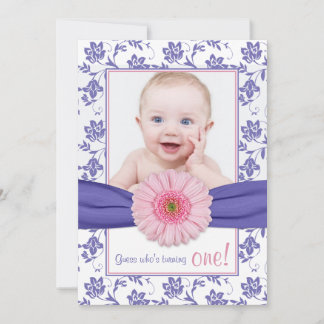 Invitation Baby Girl Purple Rose Daisy Floral Photo Anniversa