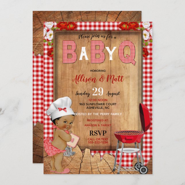 Invitation Baby Girl Red En vichy Wood Flowers Baby Q Barbecu (Devant / Derrière)