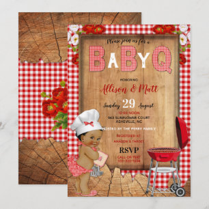 Invitation Baby Girl Red En vichy Wood Flowers Baby Q Barbecu