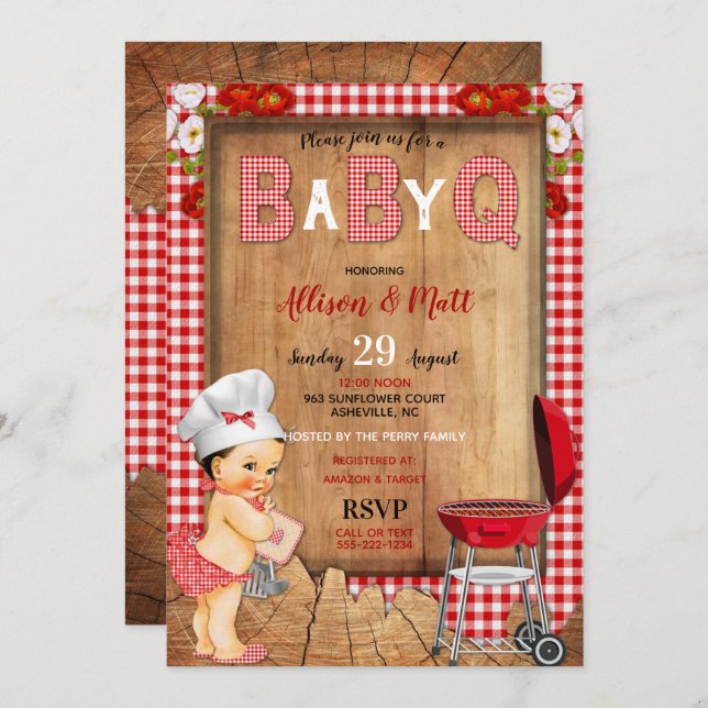 Invitation Baby Girl Red En vichy Wood Flowers Baby Q Barbecu (Devant / Derrière)