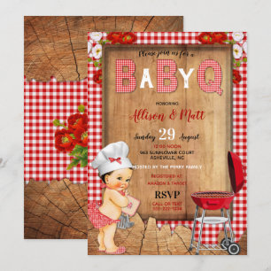 Invitation Baby Girl Red En vichy Wood Flowers Baby Q Barbecu