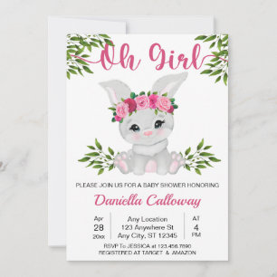 Invitation Baby Girl rose Baby shower lapin floral