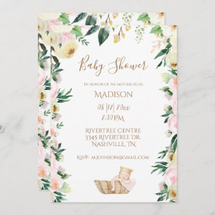 Invitation Baby Girl rose floral Script Élégant Baby shower
