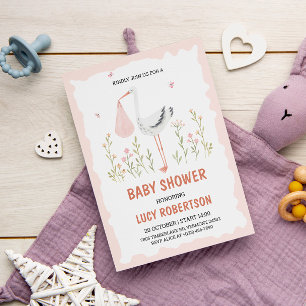 Invitation Baby Girl rose Stork Flowers Baby shower