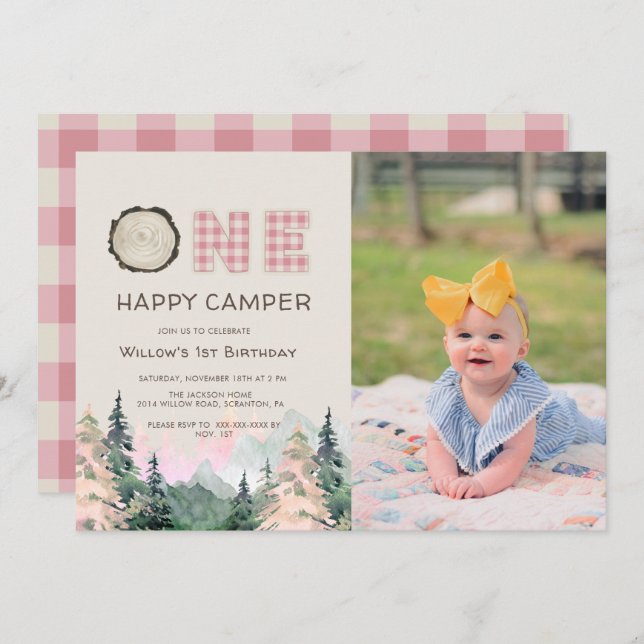 Invitation Baby Girl Rustic One Happy Camper Anniversaire (Devant / Derrière)