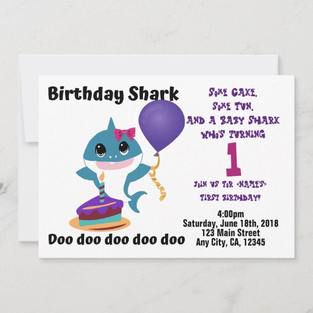 Invitation Baby Girl Shark Personnalisé fête d'anniversaire (Devant)