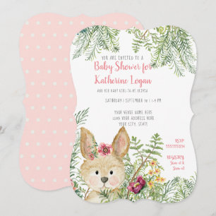 Invitation Baby Girl Shoe Woodland Animal Rabbit Floral Art
