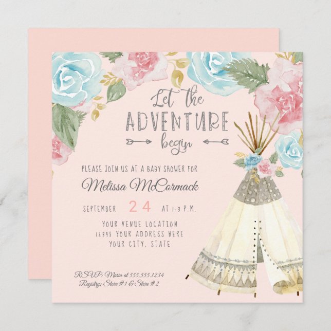 Invitation Baby Girl Shower Adventure Begin Teepee w Rose (Devant / Derrière)