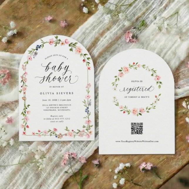 Invitation Baby Girl Shower Pink Watercolor Floral Arch (Baby girl shower invitation with pink watercolor floral arch and elegant script text)