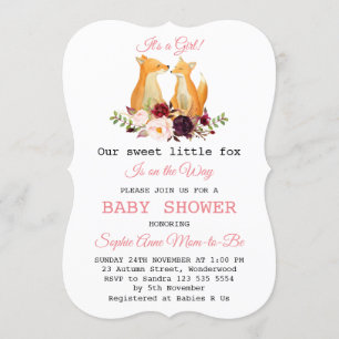 Invitation Baby Girl Sweet Fox Woodland Baby shower