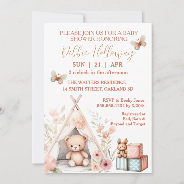Invitation Baby Girl Teddy Bear in Teepee Baby shower (Devant)