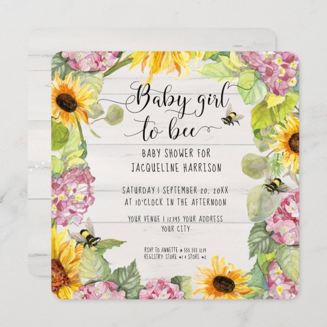 Invitation Baby Girl to Bee tournesol rose Hydrangeas douche (Devant / Derrière)